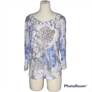 Alfred Dunner Blue Gray Tunic Blouse Top 3/4 Sleeve - Size PL